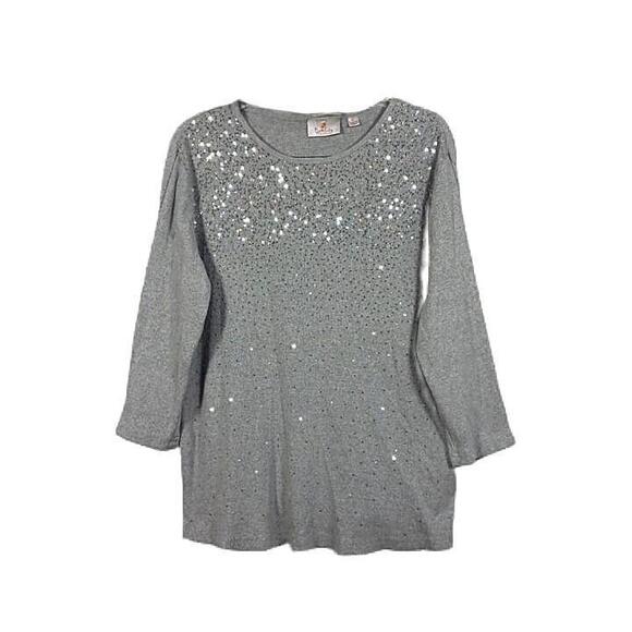 Quacker Factory Top Size M Gray Mini Sequin Bling 3/4 Sleeve 1 X 1 Ribbed Tee - Picture 2 of 5